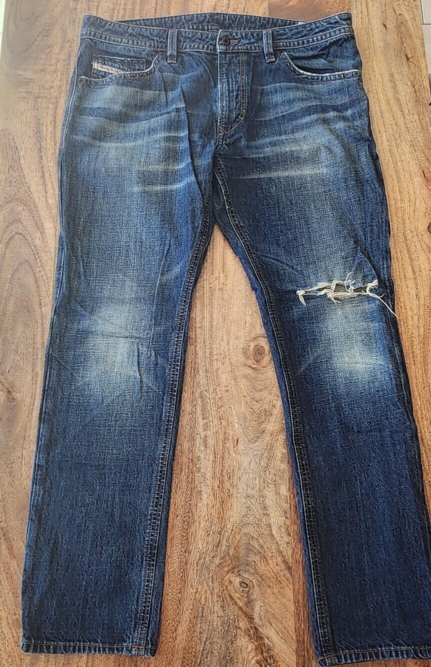 Diesel Thavar Jeans Mens 36x32 Blue Skinny Low Rise Made USA Distressed Denim